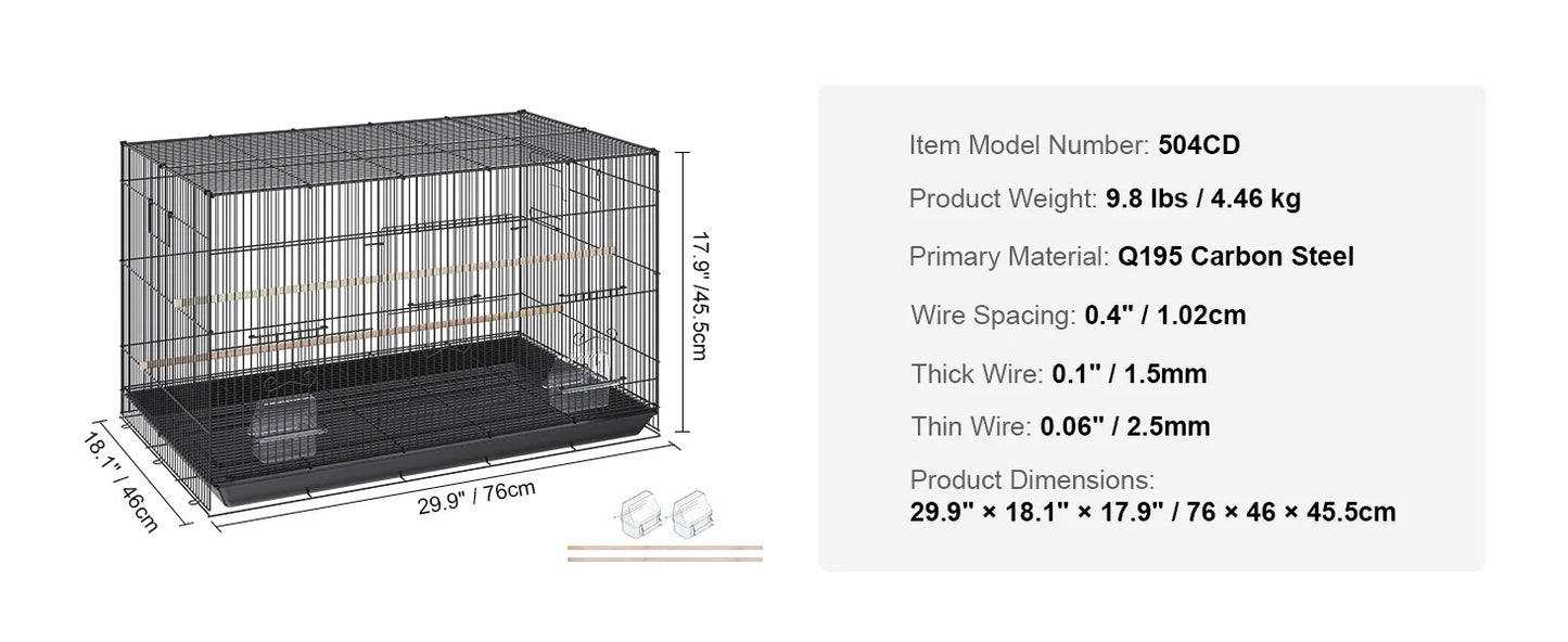30in Metal Bird Cage
69-Inch Extra Large Rolling Bird Cage for Parrots and Cockatiels Flight Cage with Storage Shelf,Feed Bowls & Wood Perch