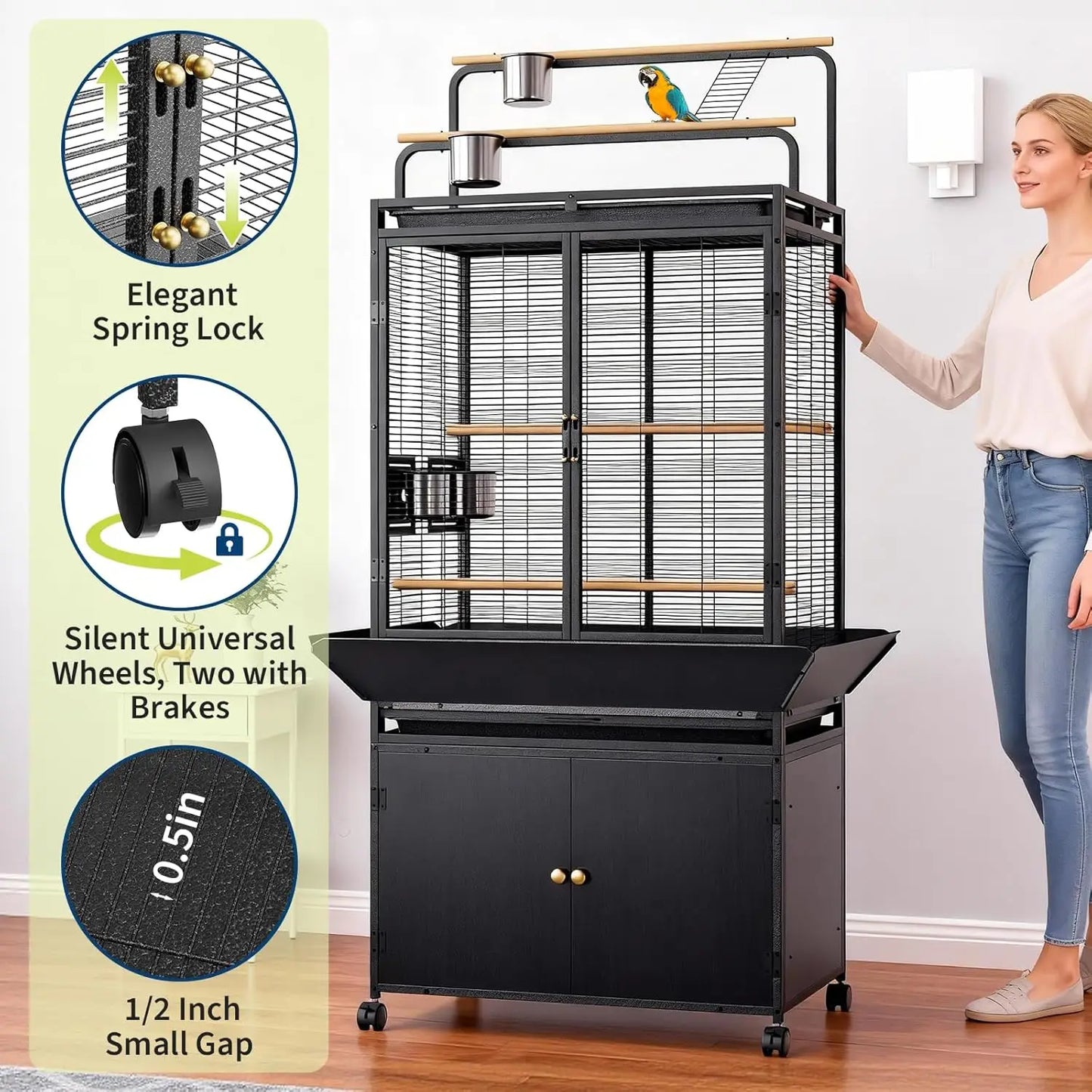 71" Rolling Birdcage with Play Top & Storage Cabinet
