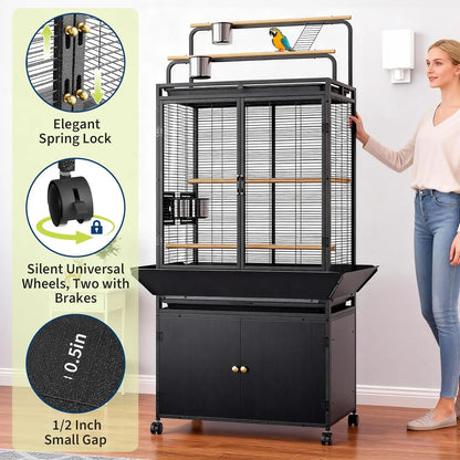 71" Rolling Birdcage with Play Top & Storage Cabinet