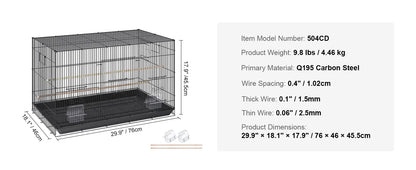 30in Metal Bird Cage 
 

69-Inch Extra Large Rolling Bird Cage for Parrots and Cockatiels Flight Cage with Storage Shelf,Feed Bowls & Wood Perch