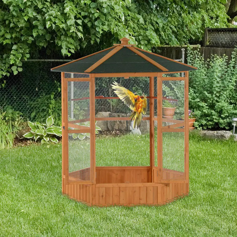 70"H Hexagonal Wooden Bird Cage