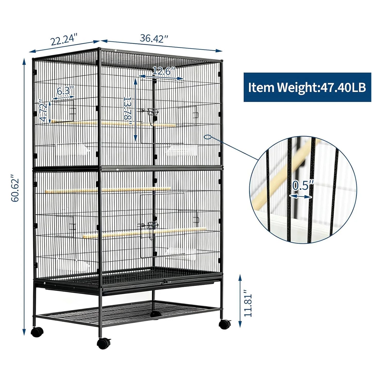 61" H Large Bird Cage wFood Bowls