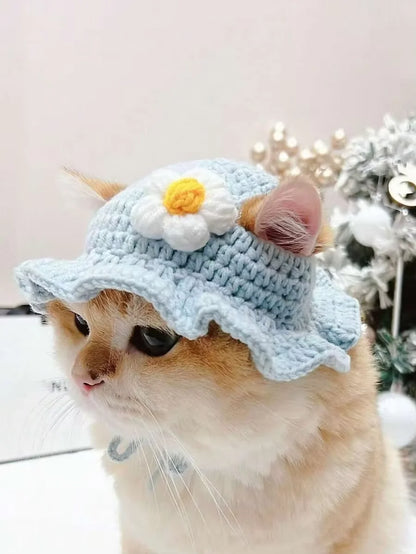 Knitted Pet Hat with Floral Trim