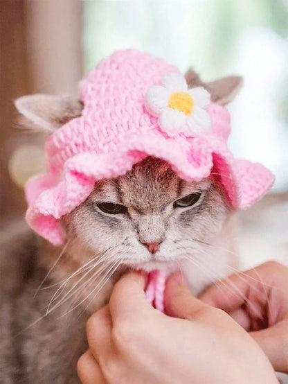 Knitted Pet Hat with Floral Trim