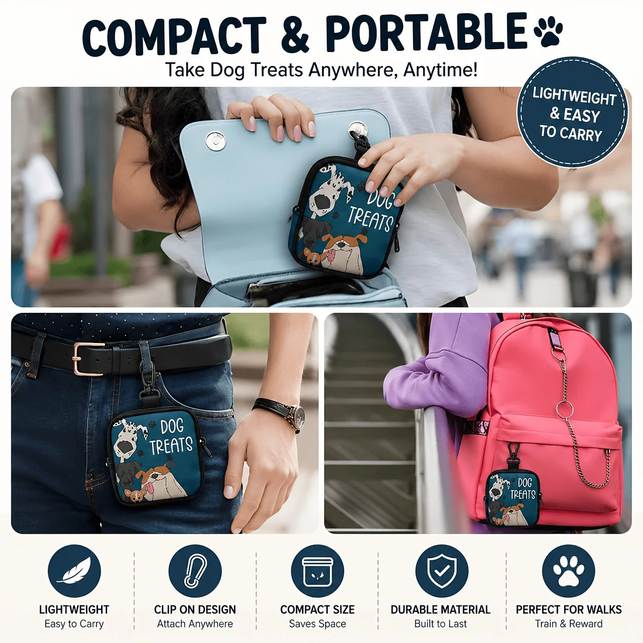 Portable Dog Snack Bag with Transparent Window and Zipper