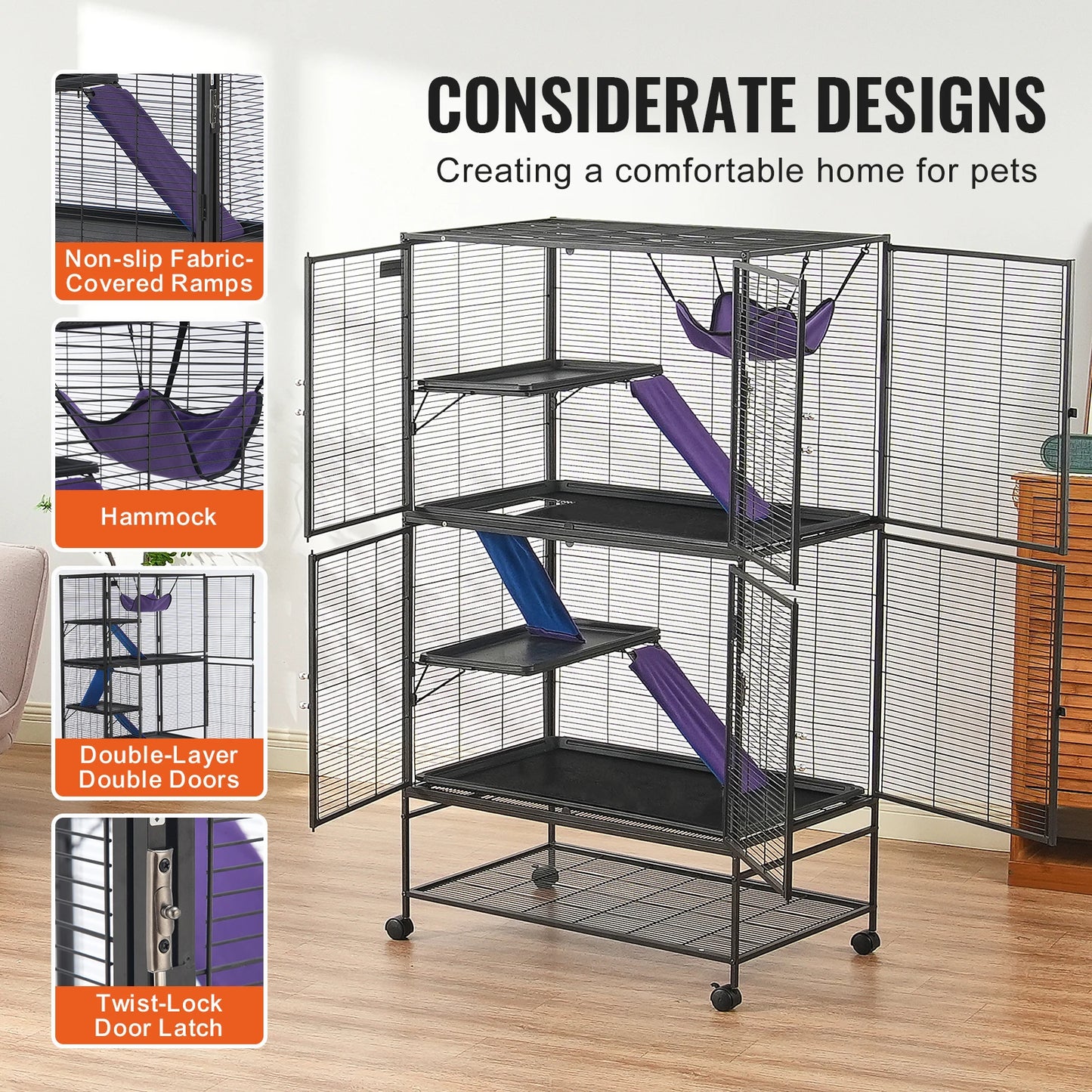 Large 4 Tier Rolling Metal Ferret Cage