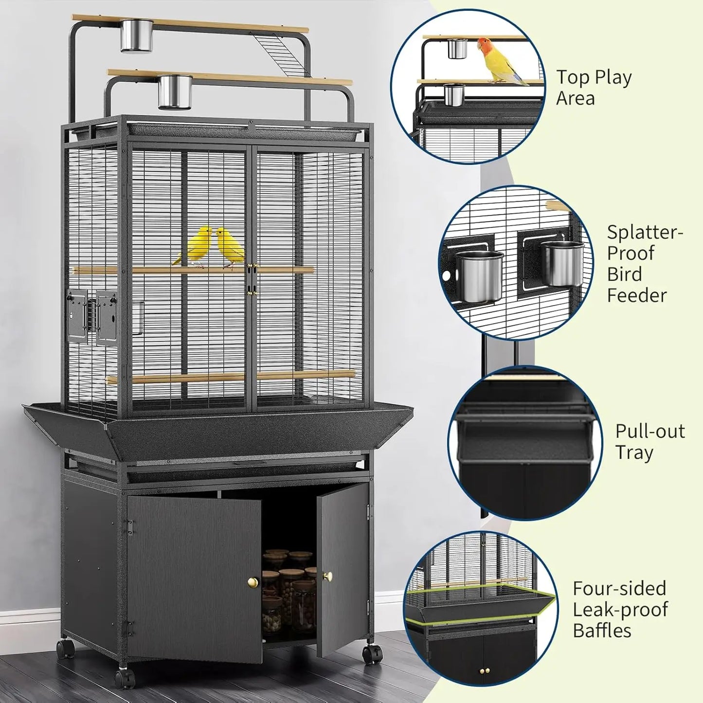 71" Rolling Birdcage with Play Top & Storage Cabinet