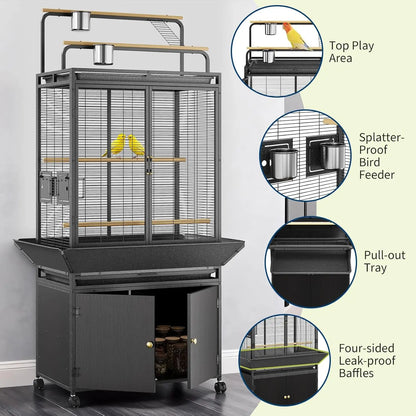 71" Rolling Birdcage with Play Top & Storage Cabinet