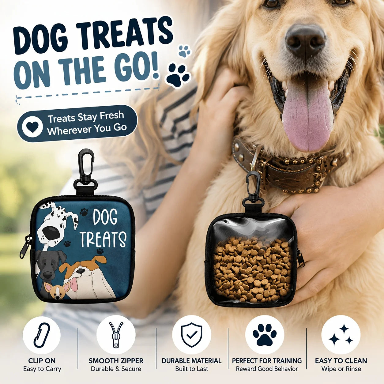 Portable Dog Snack Bag with Transparent Window and Zipper