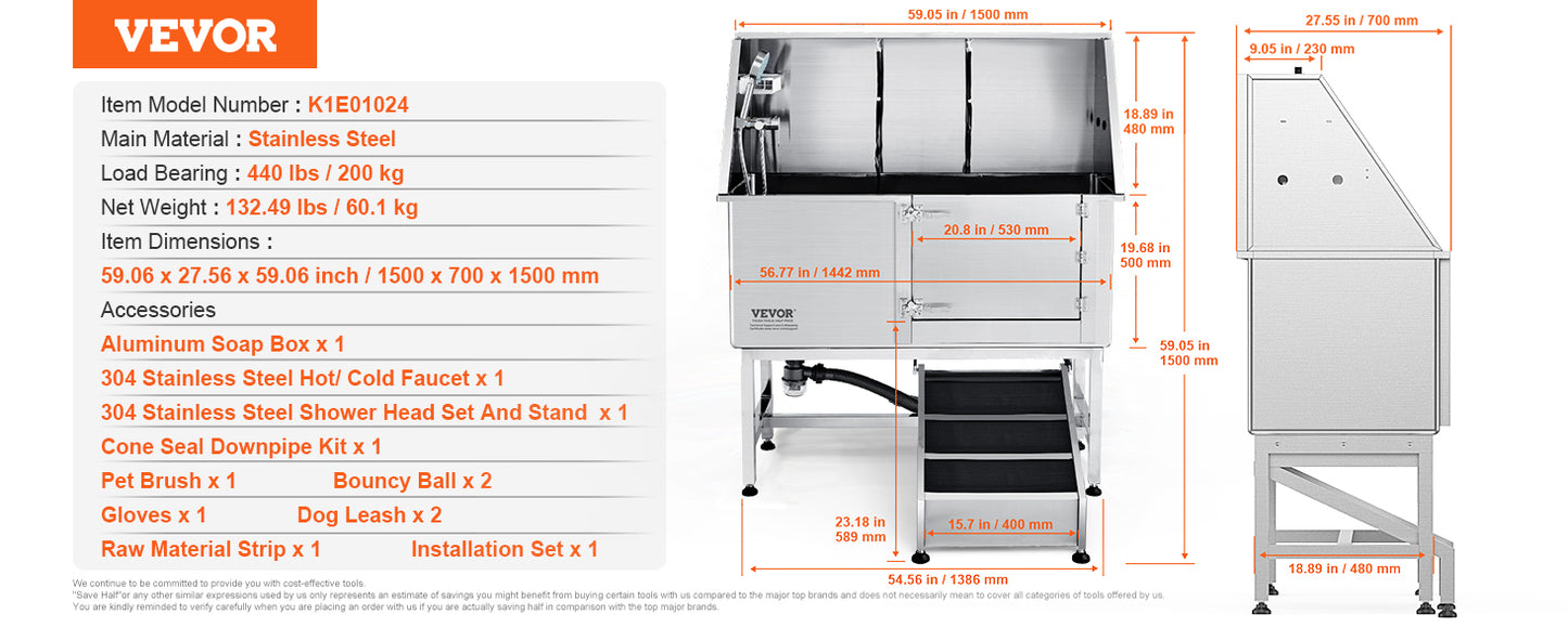 62" Dog Grooming Tub Stainless Steel
