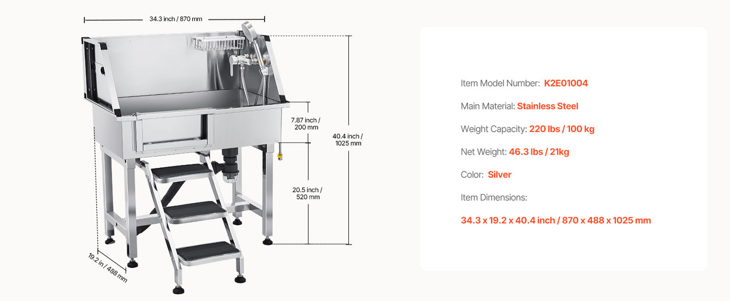 34" Stainless Steel Dog Washing Station