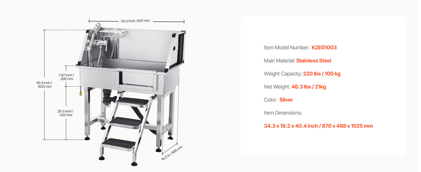 34" Stainless Steel Dog Washing Station